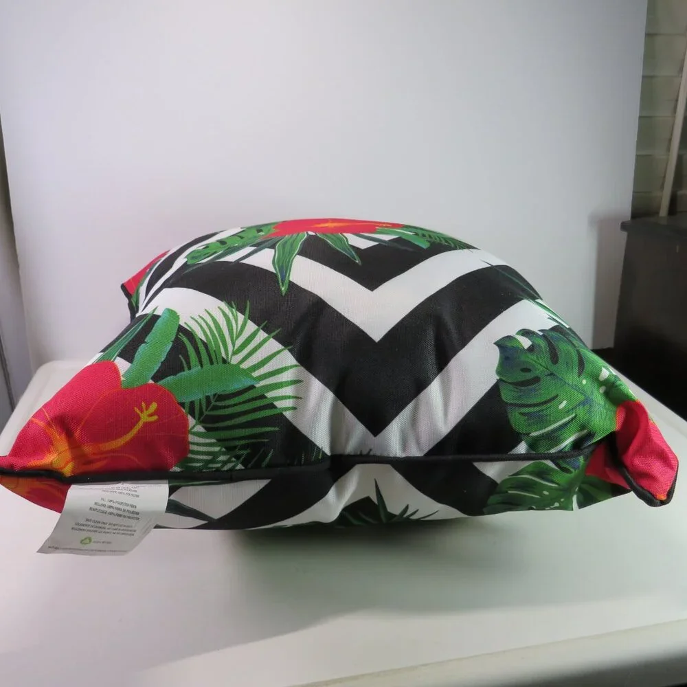 tropical Hawaiian red hibiscus w black and white striped pillow 100% polyester